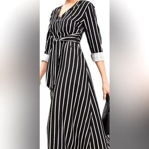 Loft Black and White Striped Belted Midi Dress Size 10
